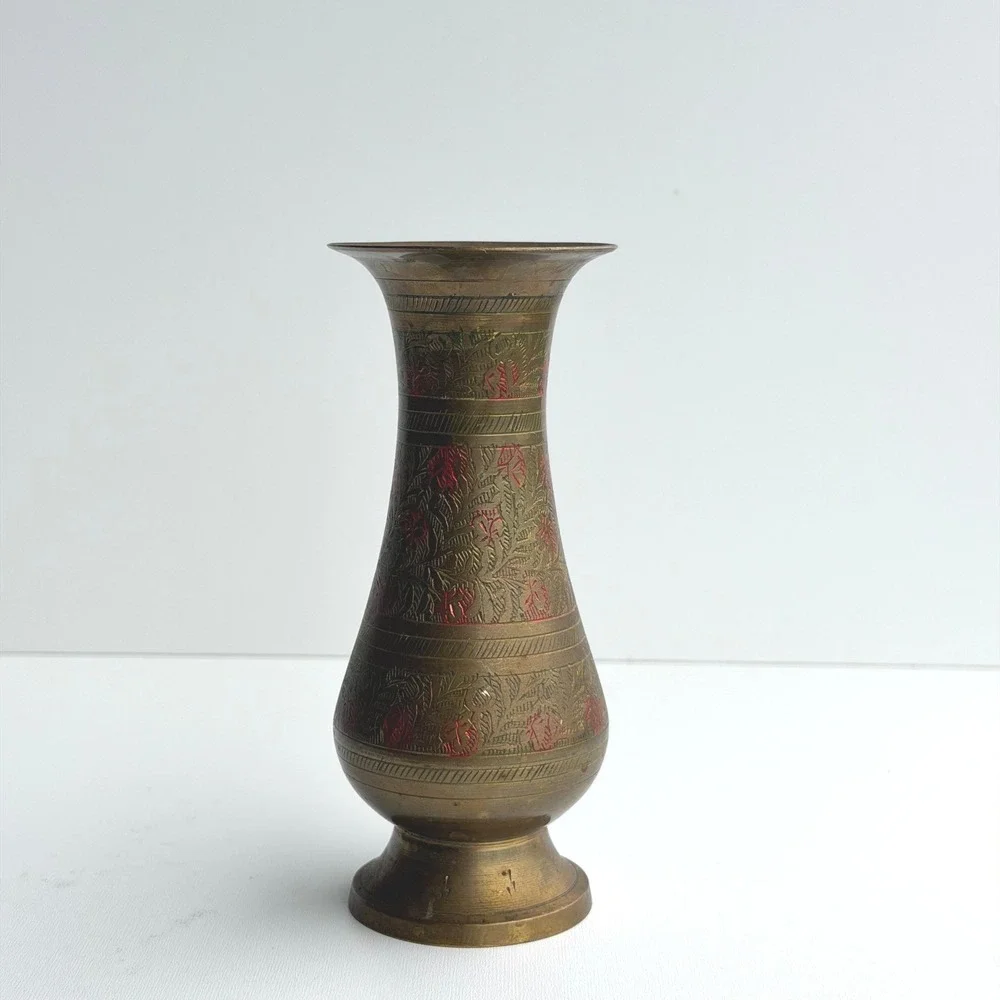 Vintage Etched Brass Vase Gold Red Floral Boho Hand‎ Crafted India Old World
